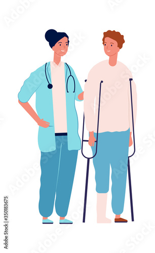 Surgery or traumatology. Doctor consulting patient with gypsum leg. Isolated cartoon medical staff, nurse and young man vector illustration. Doctor and patient, surgery health, treatment consultation