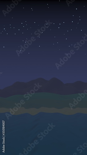 Starry moonless sky. Ocean shore line with waves on a beach. Island beach paradise with waves. Vacation, summer, relaxation. Seascape, seashore. Minimalist landscape, primitivism. 3D illustration