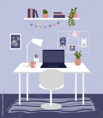 Home office concept. Comfy workplace with houseplants, carpet, book shelf, garland. Work table with laptop, mood board and lamp. Domestic room, modern cabinet, cozy home interior vector illustration.