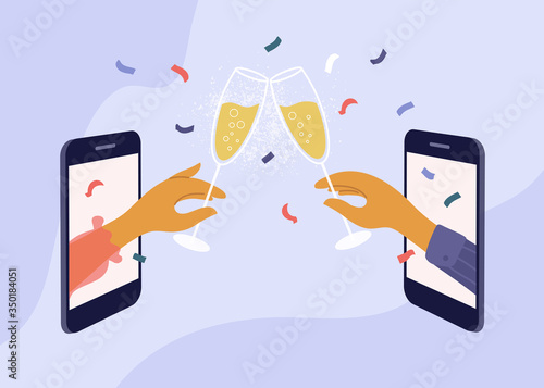 Couple celebrate birthday or holiday event remote by internet. Meeting friends at online quarantine party. Female and male hands clink champagne glasses through smartphone screen. Vector illustration.