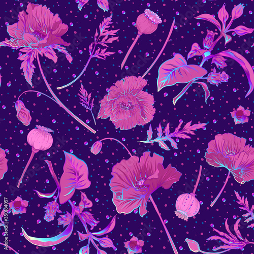 Seamless pattern, background with miraculous, hallucinogenic plants in botanical style in neon colors. Vector illustration