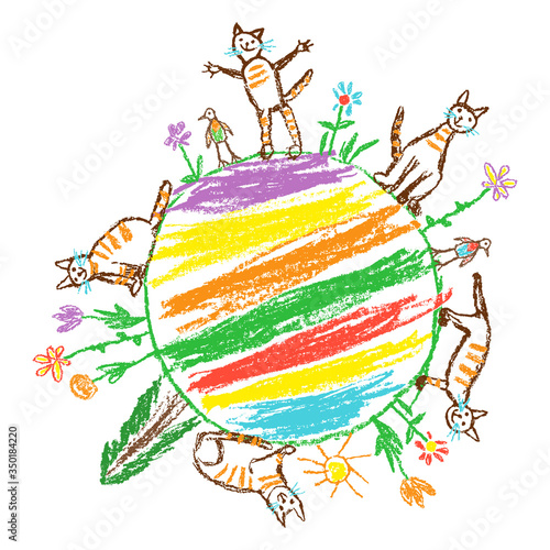 Cats around planet. Like child`s hand drawn cartoon doodle colorful vector art. World ecology globe. Cat`s day. Crayon, pencil, pastel chalk stroke art. Green day. Tree, flower, pet animal.