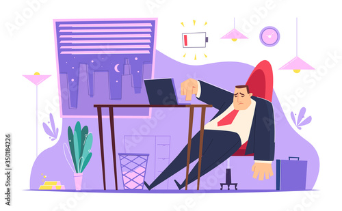 Burnout character in office. Lazy tired managers young entrepreneur depression people bad atmosphere vector business concept. Illustration character burnout work, office employee tired