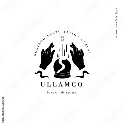 Vector design linear template logo or emblem - hands with prediction ball. Template symbol for personal brand, psychology, astrology and esoteric.