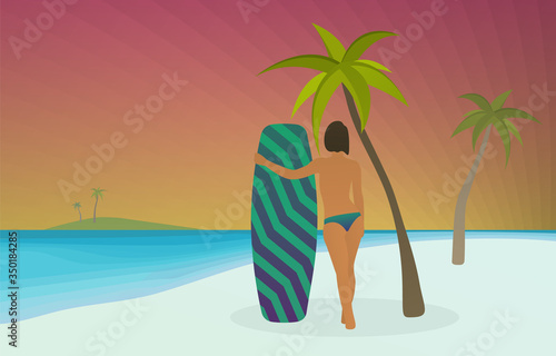 Wakeboarding sport vector illustration. Young sexy topless sporty girl hugs a wakeboard while standing on white sand beach with palm trees and looking through the blue ocean or sea at orange sunset