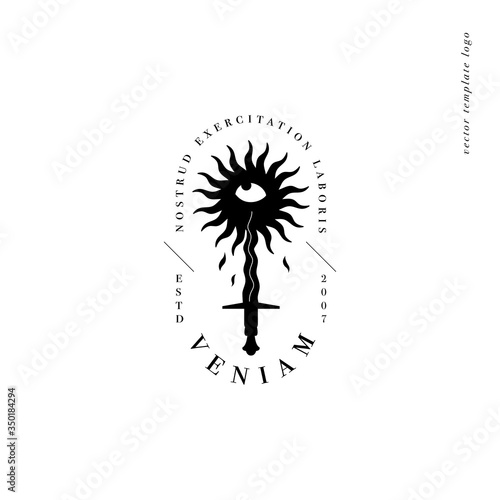 Leinwand Poster Vector design linear template logo or emblem - dagger with an eye inside the sun