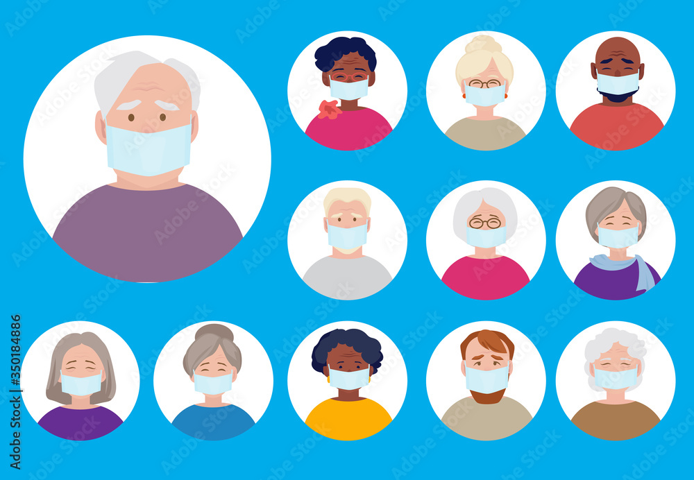 Protection mask. Adults avatars people in medical masked faces wearing gas pollution air ncov prevention vector illustrations. People prevention mask against virus