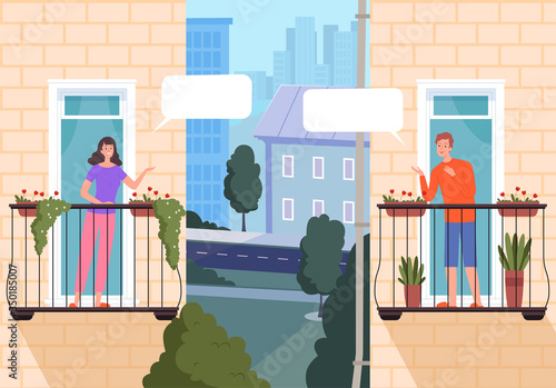Neighbourhood houses. Friends looking out of windows and speaking urban modern building with balcony and outdoor windows with curtains. Vector landscape balcony and window neighborhood illustration