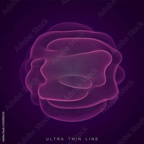 Ultra thin line fluid geometry. Dynamic vector distorted spheres. Digital fractal 3d swirl. Futuristic sound or data waveform. Chaotic particle wave motion trails.