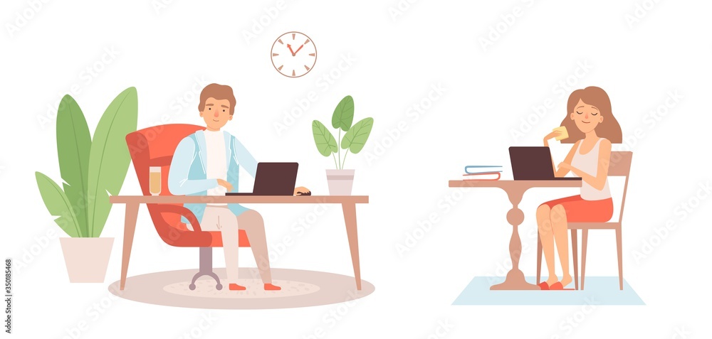 Home office. Man woman work or study from house. Freelancers, isolation period vector illustration. Woman and man on quarantine at home