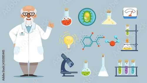 Cartoon scientist. Elements of chemical laboratory, equipment, microscope and beakers. Joyful chemist vector illustration. Doctor and lab, chemical laboratory tools collection