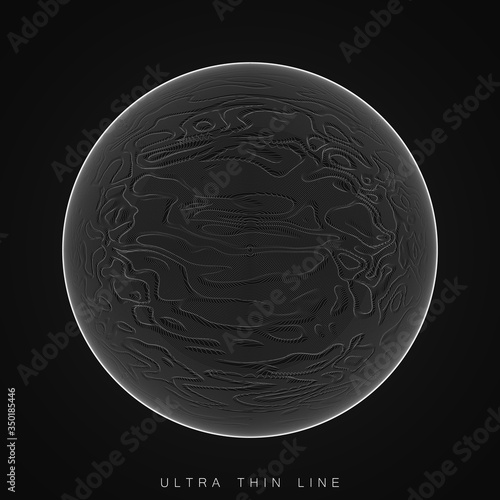 Ultra thin line fluid geometry. Dynamic vector distorted spheres. Digital fractal 3d swirl. Futuristic sound or data waveform. Chaotic particle wave motion trails.