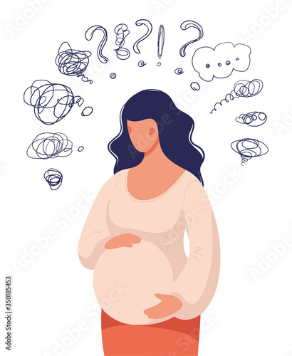 A pregnant woman doubts, is anxious, asks questions. The concept of pregnancy, maternity assistance, family support. Flat vector illustration