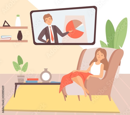 Stay at home. Housewife resting, cartoon woman in chair with blanket watch TV vector illustration. Character at home relax, stay at home quarantine © ONYXprj