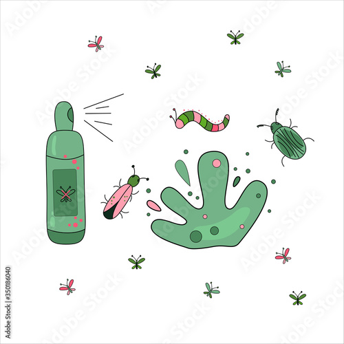 Insect spray. Hand drawn vector illustration. Mosquitoes, caterpillar with spray on background. Black contour doodle, line art. For card, logo, badge. Minimalist, cartoon style.