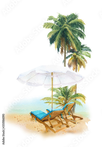 A seascape with palms, deck chairs and a beach umbrella hand drawn in watercolor isolated on a white background. Watercolor illustration. Vintage illustration. Seaside vacation. Sea view. Traveling
