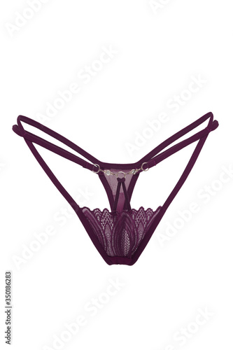 Tablou pe pânză Detailed shot of a burgundy lace G-string with a mesh insert, thin straps and steel decor with rhinestones