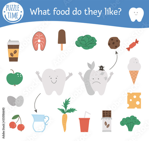 Dental care matching activity with cute teeth and different products. Preschool tooth care puzzle. Cute mouth hygiene educational game for kids. Healthy and unhealthy food printable worksheet. .