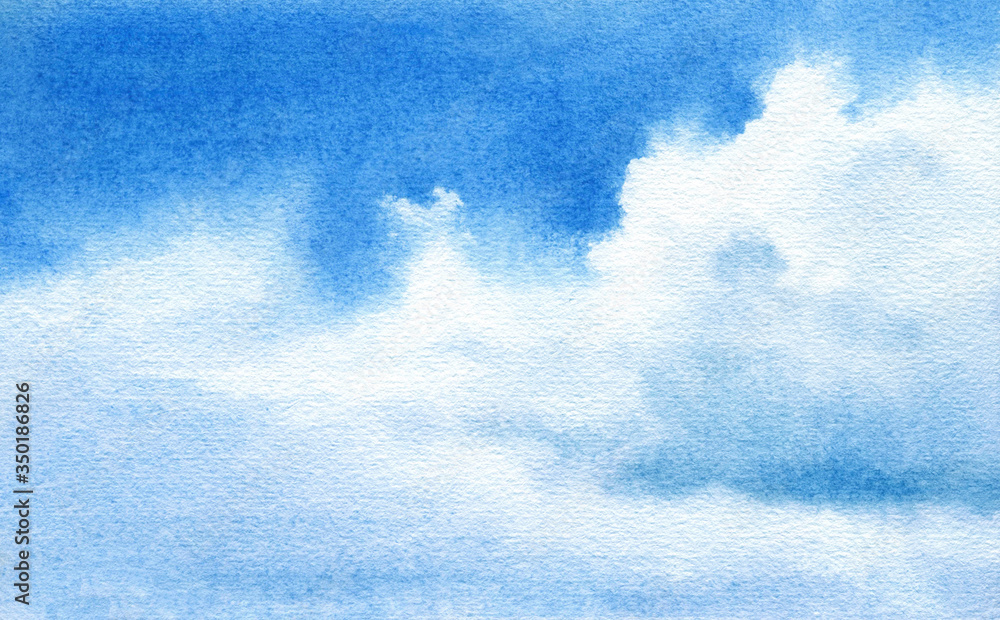 Obraz premium Blue sky background hand drawn in watercolor. Picturesque cloudscape. Watercolor illustration.