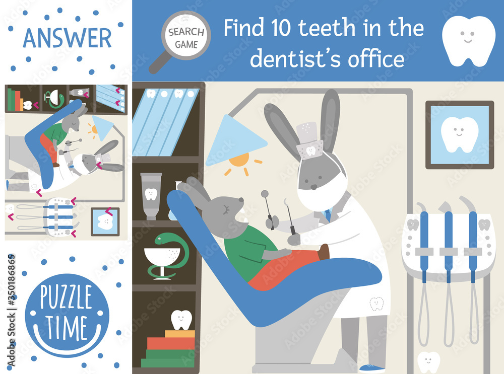 Vector dental care searching game for children with teeth lost in the clinic. Cute funny scene with dentist treating the patient. Find hidden objects. Mouth hygiene printable activity for kids.. Stock Vector | Vector dental care searching game for children with teeth lost in the clinic. Cute funny scene with dentist treating the patient. Find hidden objects. Mouth hygiene printable activity for kids.. Stock Vector |