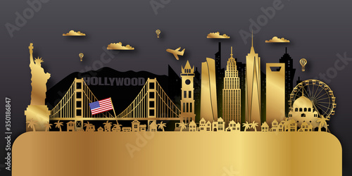 USA America Travel postcard, poster, tour advertising of world famous landmarks. Vectors illustrations