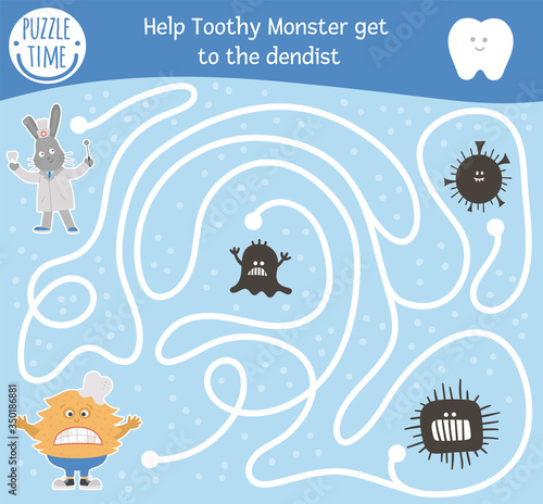 Dental care maze for children. Preschool teeth clinic activity. Funny puzzle game with cute doctor rabbit, ill toothy creature, microbes. Help the monster get to the dentist. Mouth hygiene labyrinth.