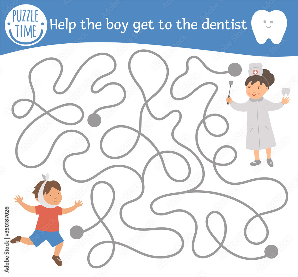 Dental care maze for children. Preschool medical activity. Funny puzzle game with cute doctor and child with aching tooth. Help the boy get to the dentist. Mouth hygiene labyrinth for kids. Dental care maze for children. Preschool medical activity. Funny puzzle game with cute doctor and child with aching tooth. Help the boy get to the dentist. Mouth hygiene labyrinth for kids.