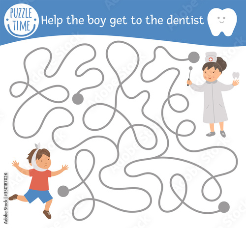 Dental care maze for children. Preschool medical activity. Funny puzzle game with cute doctor and child with aching tooth. Help the boy get to the dentist. Mouth hygiene labyrinth for kids.