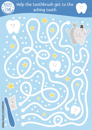 Dental care maze for children. Preschool medical activity. Funny puzzle game with cute kawaii toothbrush and ill teeth. Help the brush get to the aching tooth. Mouth hygiene labyrinth for kids.
