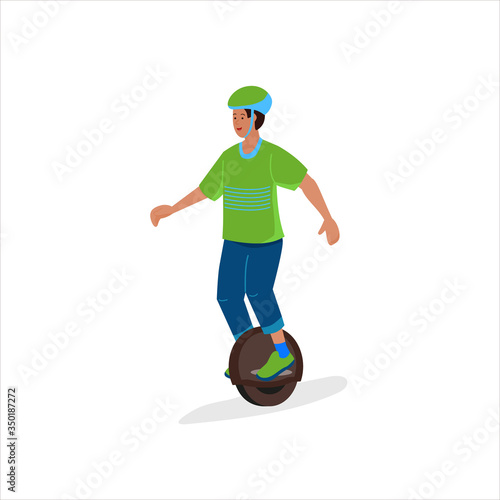 Boy is riding a one-wheel electric scooter. Flat cartoon vector isolated illustration.