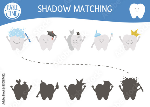 dental care shadow matching activity for children with cute teeth. Mouth hygiene preschool worksheet. Find the correct silhouette game with kawaii tooth..
