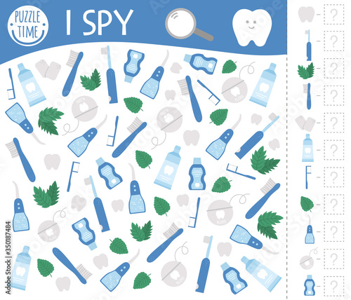 Dental care I spy game for kids. Mouth hygiene themed searching and counting activity for preschool children with cute elements. Funny game for kids with teeth, brush, paste. Logical quiz worksheet..