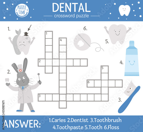 Vector dental care crossword puzzle. Mouth hygiene quiz for children. Educational medical activity with cute dentist, tooth, toothbrush, toothpaste, floss, apple.