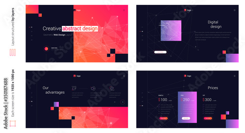 Digital abstract creative dark web design four screen template. Stylish custom and individual set of four website screens. Creative geometric design