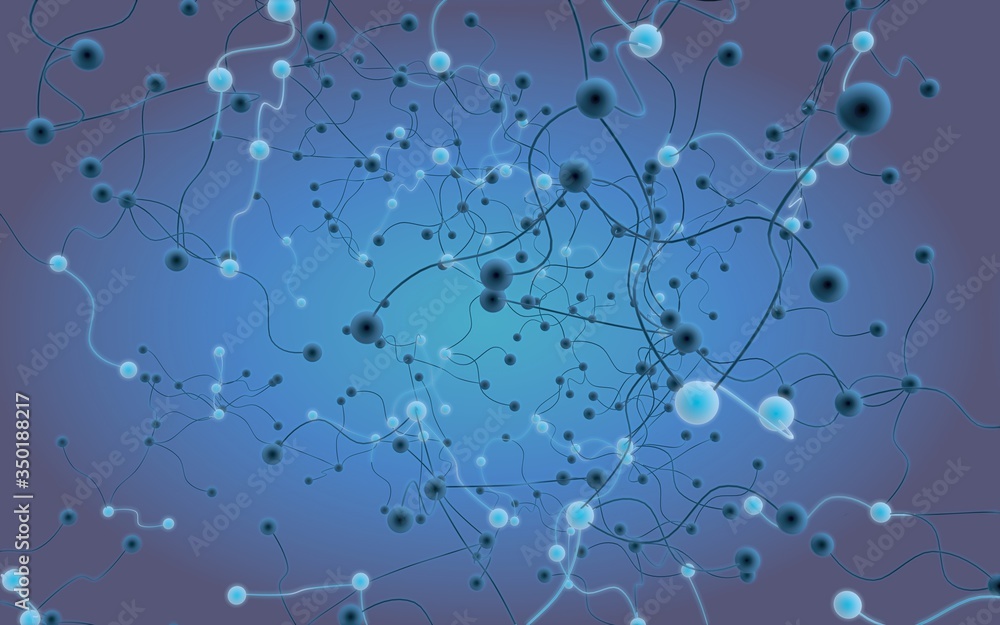 Fototapeta premium Neural network. Social network. Futuristic blue background. Abstract molecule, cell illustration, mycelium. Hi tech purple background. 3D illustration