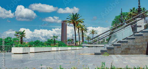 Empty city of Seville during Coronavirus pandemic with the Sevilla Tower in the background