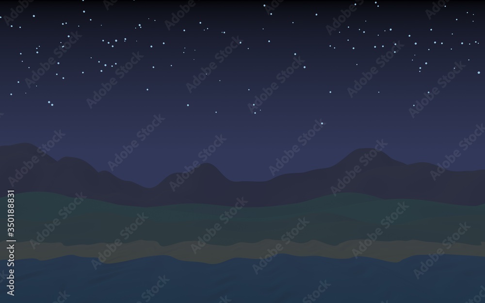 Starry moonless sky. Ocean shore line with waves on a beach. Island beach paradise with waves. Vacation, summer, relaxation. Seascape, seashore. Minimalist landscape, primitivism. 3D illustration Starry moonless sky. Ocean shore line with waves on a beach. Island beach paradise with waves. Vacation, summer, relaxation. Seascape, seashore. Minimalist landscape, primitivism. 3D illustration