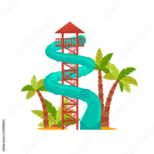 Water park with colored waterslide, blue tube for kids activity. Summer attraction in an aquapark for relaxation and fun, isolated on white background, vector illustration