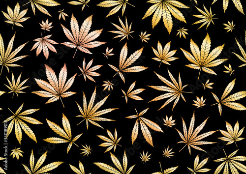 Cannabis leaves seamless pattern, background. Vector illustration in gold colors Isolated on black background.