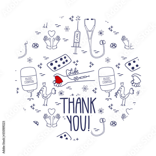 Vector Thank you page for blood donors website. Donation day doodle concept with pattern background.