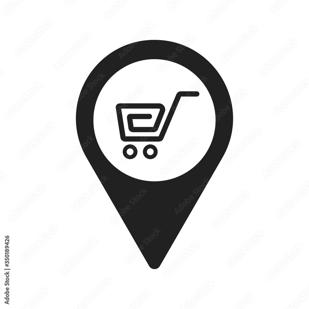 Shopping here icon isolated on white background. Trolley with location symbol modern, simple, vector, icon for website design, mobile app, ui. Vector Illustration Shopping here icon isolated on white background. Trolley with location symbol modern, simple, vector, icon for website design, mobile app, ui. Vector Illustration