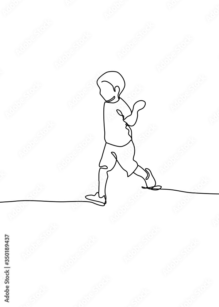 Fototapeta One continuous line drawing, , Children running