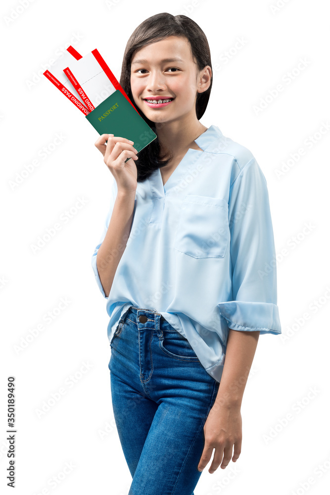 Asian woman with ticket and passport standing Asian woman with ticket and passport standing
