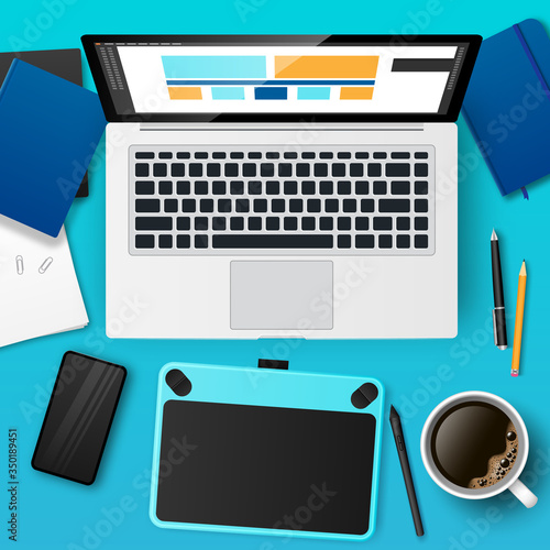 Realistic designer workplace with laptop, graphic tablet, coffee. 3d Website layout design, UI and UX development, logo design, graphic design, design agency and freelance concept. Vector illustration