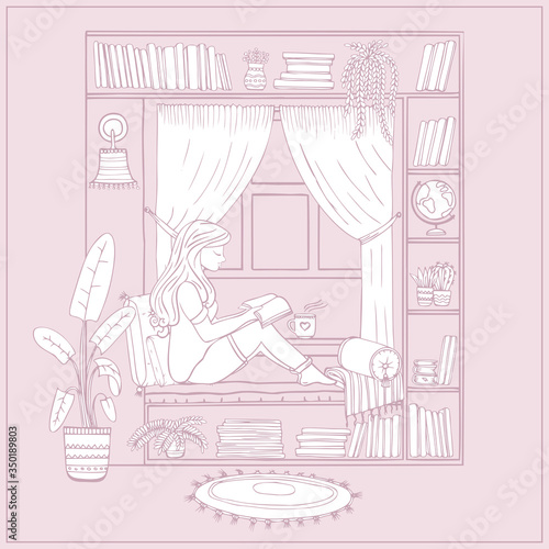 Vector illustration of a girl reading a book sitting by the window.