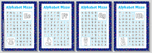 Alphabet Maze Set. Letters E, F, G, H. Educational Puzzle Worksheet.  Vector illustration.
