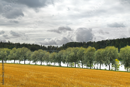 Field with mowed wheat on shore of Vanajavesi lake and high autumn sky. Hameenlinna, Finland photo