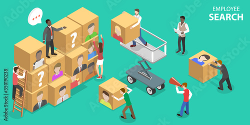 Isometric Flat Vector Concept of Employee Search Process, Headhunting and Recruitment, Human Resources Management, HR Manager Review.