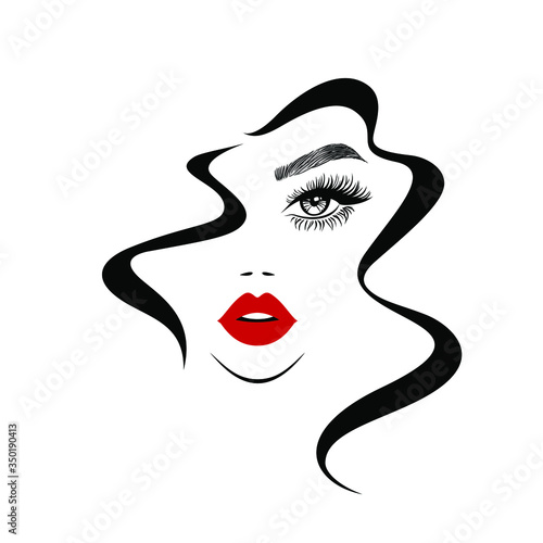 Beauty logo, beautiful woman face, sexy red lips, eyelash extensions, fashion woman, curly hairstyle, hair salon sign, icon, hand with red manicure nails. Vector illustration.