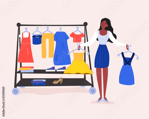 Difficult shopping decision. The young girl can’t decide what dress she should buy in the shop or what she should put on for the date. Pink background Vector cartoon colored flat illustration